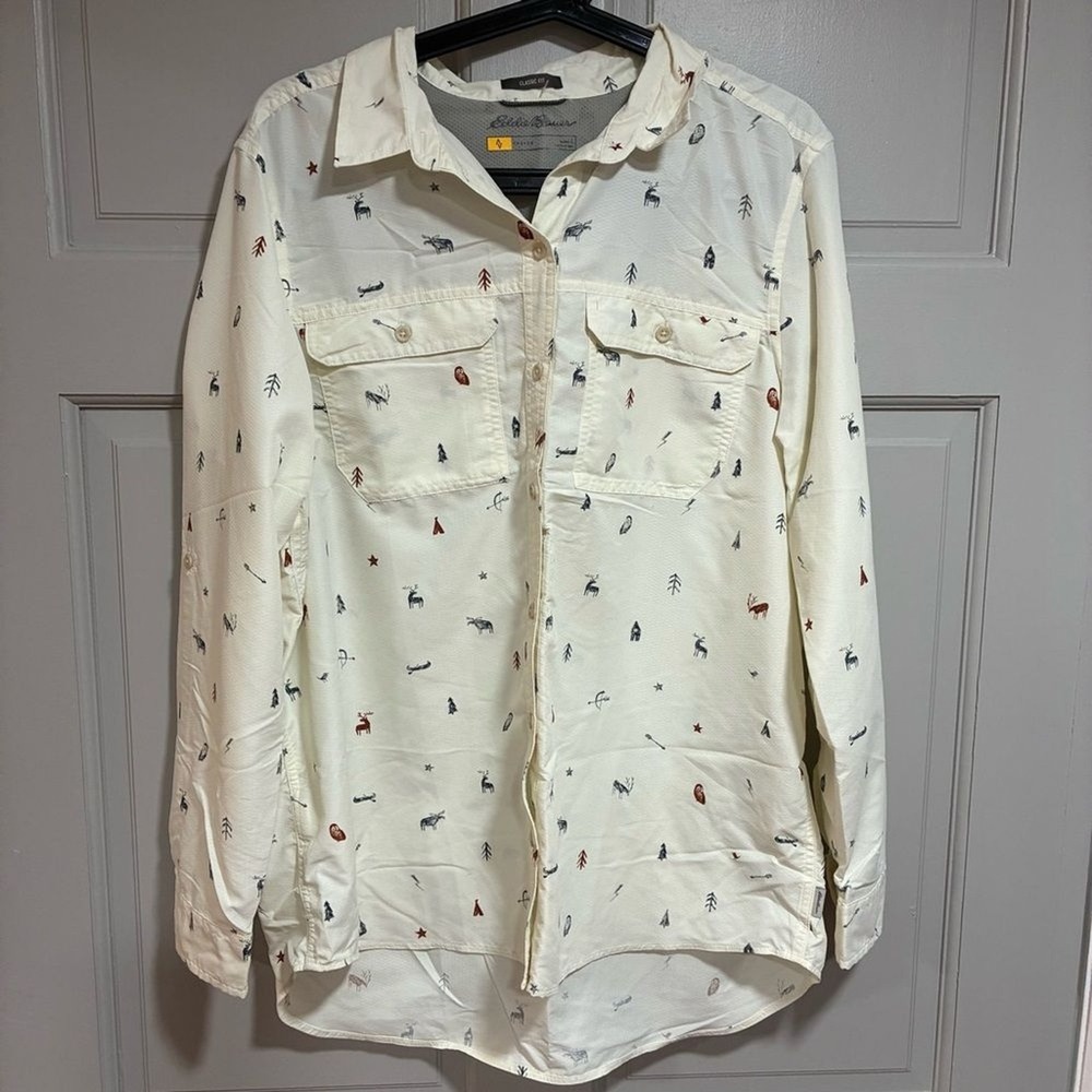 Eddie Bauer Women Shirt Size Large Skier Print Brushed Cotton‎ Nordic Retro